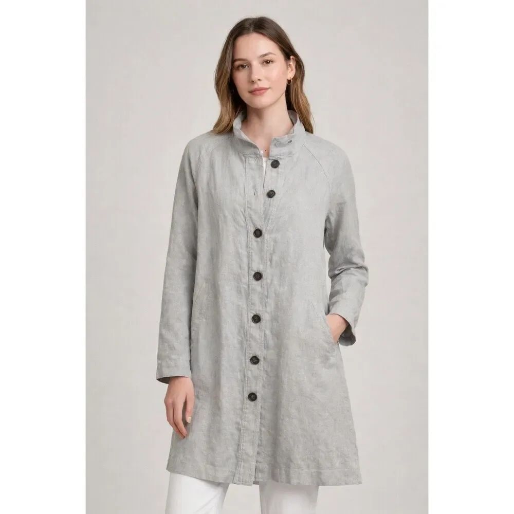 Garnet Hill Linen Coat Womens Small Gray Button Front Lightweight
